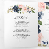 Faire-part Trois Volets Mariage floral rose poudrée bleu marine  (Intérieur en premier)
