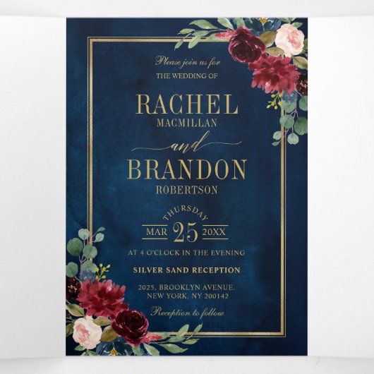 Faire-part Trois Volets Mariage géométrique aquarelle bleu marine rose gol (Intérieur au milieu)