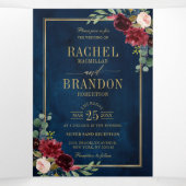 Faire-part Trois Volets Mariage géométrique bleu marine Aquarelle bleu or (Intérieur au milieu)