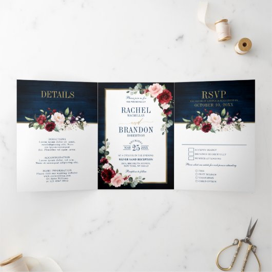 Faire-part Trois Volets Mariage Géométrique Bleu Nuit Rouge Bourgogne Or T (Intérieur)