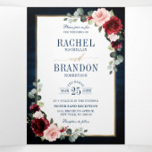 Faire-part Trois Volets Mariage Géométrique Bleu Nuit Rouge Bourgogne Or T (Intérieur au milieu)