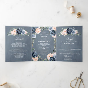 Faire-part Trois Volets Mariage géométrique floral bleu poussiéreux pêche