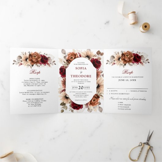 Faire-part Trois Volets Mariage géométrique floral bordeaux terracotta (Intérieur)