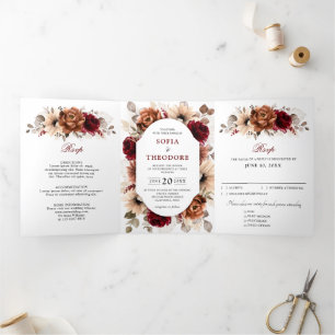 Faire-part Trois Volets Mariage Géométrique Floral Bourgogne Terracotta