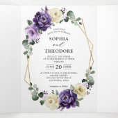 Faire-part Trois Volets Mariage géométrique Floral Plum violet or ivoire (Intérieur au milieu)