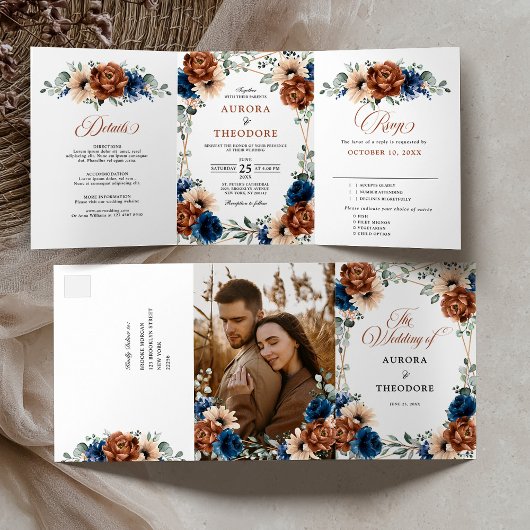 Faire-part Trois Volets Mariage Géométrique Terracotta Bleu Marine Verdure