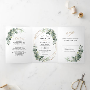 Faire-part Trois Volets Mariage rustique géométrique avec verdure d'eucaly