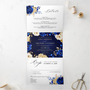 Faire-part Trois Volets Mariage Tri Floral Bleu Royal Jaune Or Métallisé