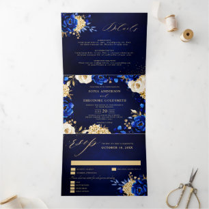 Faire-part Trois Volets Mariage Tri Floral Bleu Royal Jaune Or Métallisé