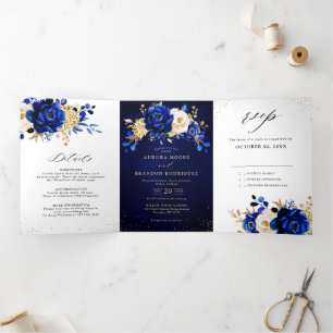 Faire-part Trois Volets Mariage Tri Floral Bleu Royal Jaune Or Métallisé
