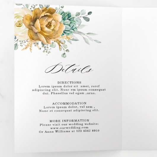 Faire-part Trois Volets Mustard Jaune Floral Sage Vert Mariage moderne (Intérieur en premier)