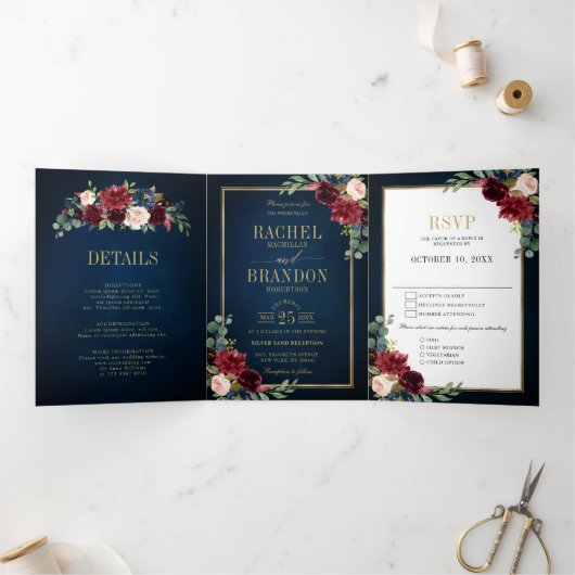 Faire-part Trois Volets Navy Blue Blush Burgundy Gold Geometric Wedding (Intérieur)