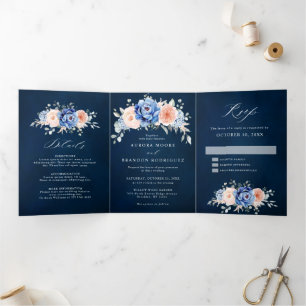 Faire-part Trois Volets Navy Blue Slate Dusty Blush Rose Florale Mariage 