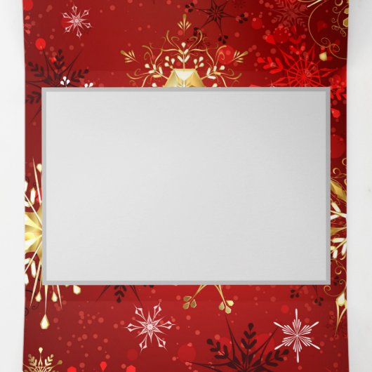 Faire-part Trois Volets Noël Golden Snowflakes sur Arrière - plan rouge (Intérieur au milieu)