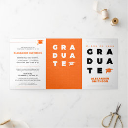 Faire-part Trois Volets Orange Bold Lettres diplômées et Casquettes
