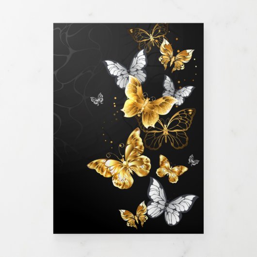 Faire-part Trois Volets Papillons dorés et blancs (Page de couverture)