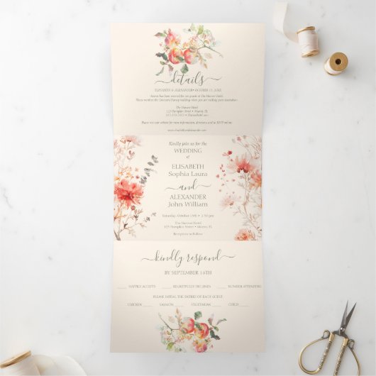 Faire-part Trois Volets Pommes aquarelles Mariage de automne élégant (Intérieur)