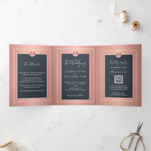 Faire-part Trois Volets QR CODE marine moderne rose mariage or  (Intérieur)