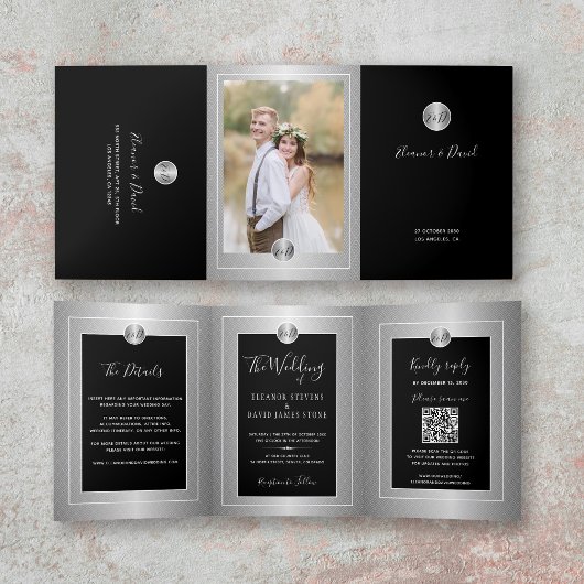 Faire-part Trois Volets QR CODE photo noir argent tout en un mariage