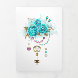 Faire-part Trois Volets Roses turquoise avec touches