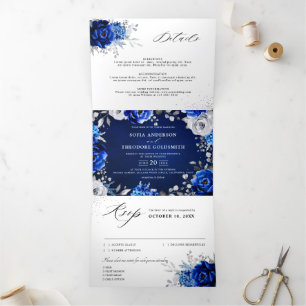 Faire-part Trois Volets Royal Bleu Blanc Argent Métallo Mariage Floral