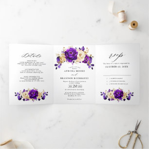 Faire-part Trois Volets Royal violet violet or Floral Mariage botanique
