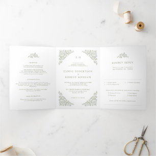 Faire-part Trois Volets Simple Delicate Floral Timeless Sage Mariage vert