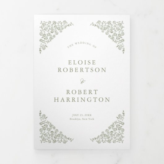 Faire-part Trois Volets Simple Delicate Floral Timeless Sage Mariage vert (Page de couverture)