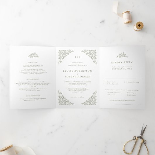 Faire-part Trois Volets Simple Delicate Floral Timeless Sage Mariage vert (Intérieur)