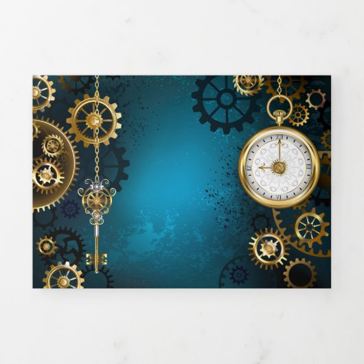 Faire-part Trois Volets Steampunk Arrière - plan turquoise avec Gears (Page de couverture)