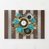 Faire-part Trois Volets Steampunk Clock and Turquoise Roses on Striped (Page de couverture)