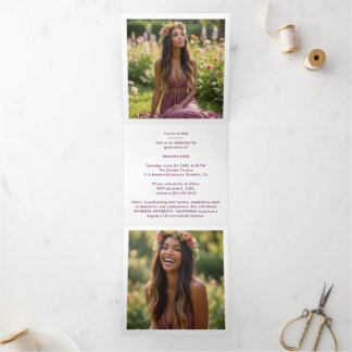 Faire-part Trois Volets Stylish Graduation Cap Plum Tones & Gold 