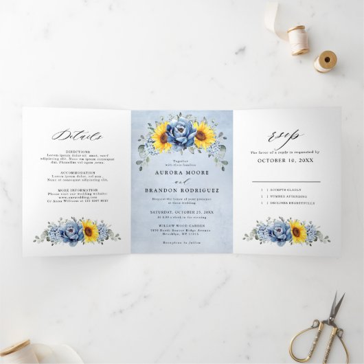 Faire-part Trois Volets Sunflower Dusty Blue Slate Peony Floral Mariage Tr (Intérieur)
