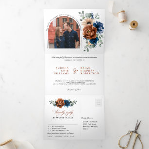 Faire-part Trois Volets Terracotta Marine Bleu Pampas Grass Mariage rustiq