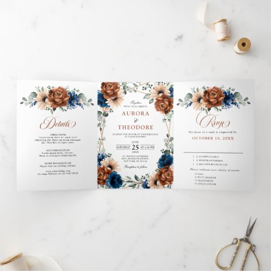 Faire-part Trois Volets Terracotta Marine Bleu Vert Mariage géométrique (Intérieur)