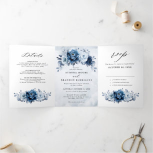 Faire-part Trois Volets Tri de mariage botanique floral Navy ardoise bleu 