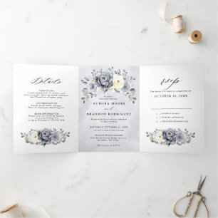 Faire-part Trois Volets Tri de mariage hivernal rustique floral gris argen