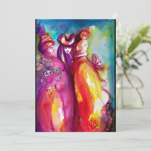 Faire-part TROISIÈME MASQUE , bal masqué, or rouge jaune bleu (Debout devant)