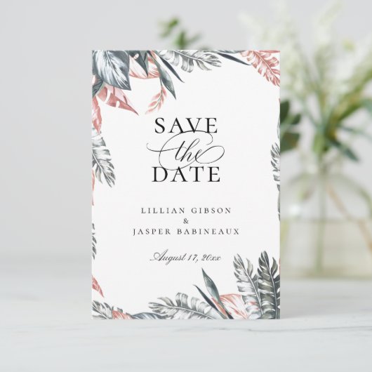 Faire-part Tropics moderne Palm Frame Enregistrer la date (Debout devant)