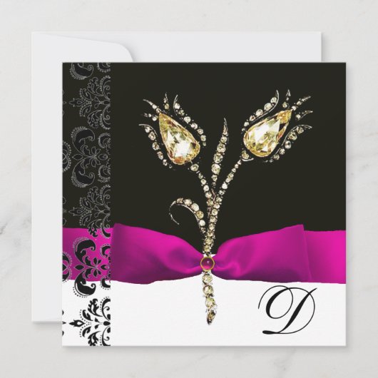 Faire-part TULIPS DE DIAMONNAGE, Monogramme de Damas noir ros (Devant)