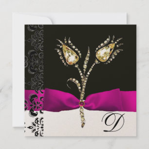 Faire-part TULIPS DE DIAMONNAGE, Monogramme de Damas noir ros