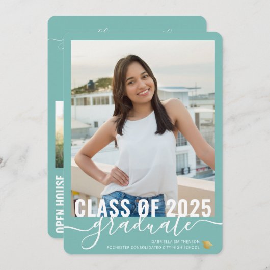 Faire-part Turquoise Blue Graduation Photo Open House Invitat (Devant / Derrière)