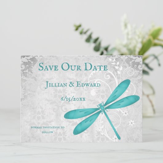 Faire-part Turquoise Dragonfly Enregistrer la date (Debout devant)