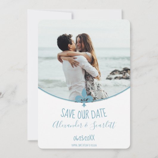 Faire-part Turquoise Fleur de Lis Photo Enregistrer La Date A (Devant)