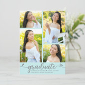 Faire-part Turquoise Graduation 4 Photo Moderne Script Coeurs (Debout devant)