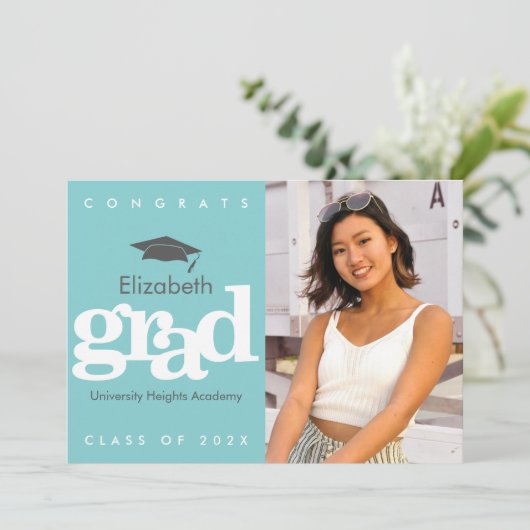 Faire-part Turquoise graduation photo gris casquette moderne (Debout devant)