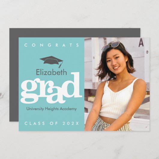 Faire-part Turquoise graduation photo gris casquette moderne (Devant / Derrière)