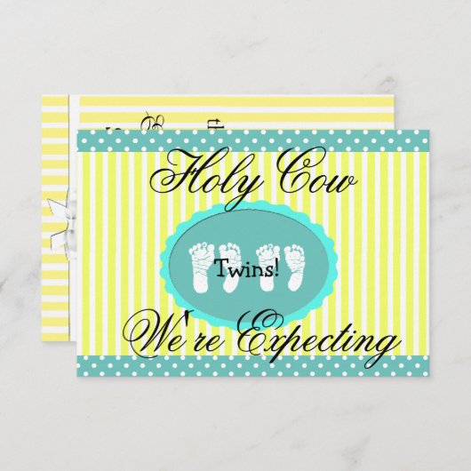 Faire-part Turquoise & Jaune "We're attenecting Twins" Faire- (Devant / Derrière)
