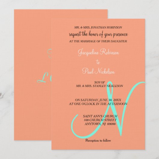 Faire-part turquoise Monogramme Cantaloup (Devant / Derrière)