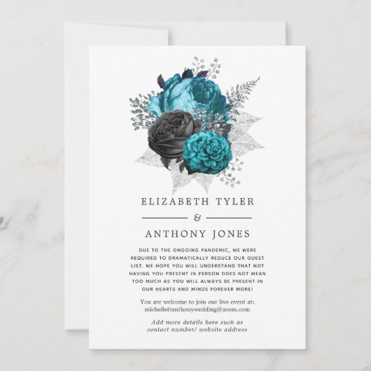Faire-part Turquoise, Noir et Fleurs Mariage Argent Mise à Jo (Devant)